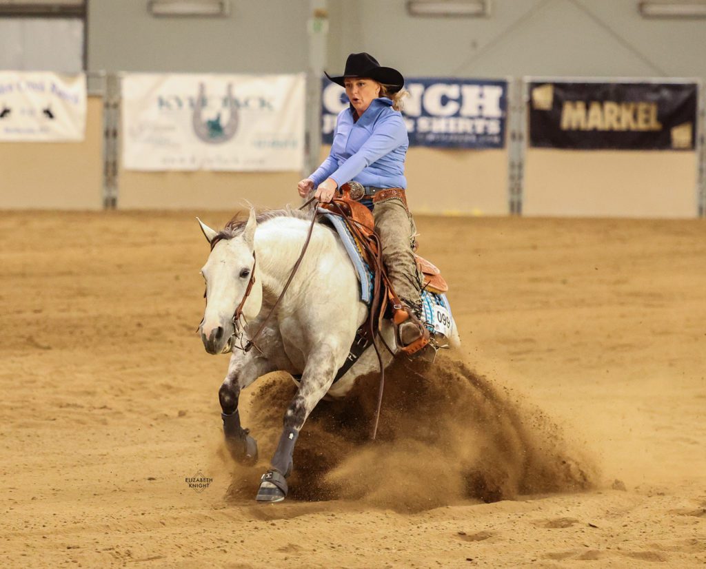 Quarter horse mare competing at the Low Roller Reining Classic